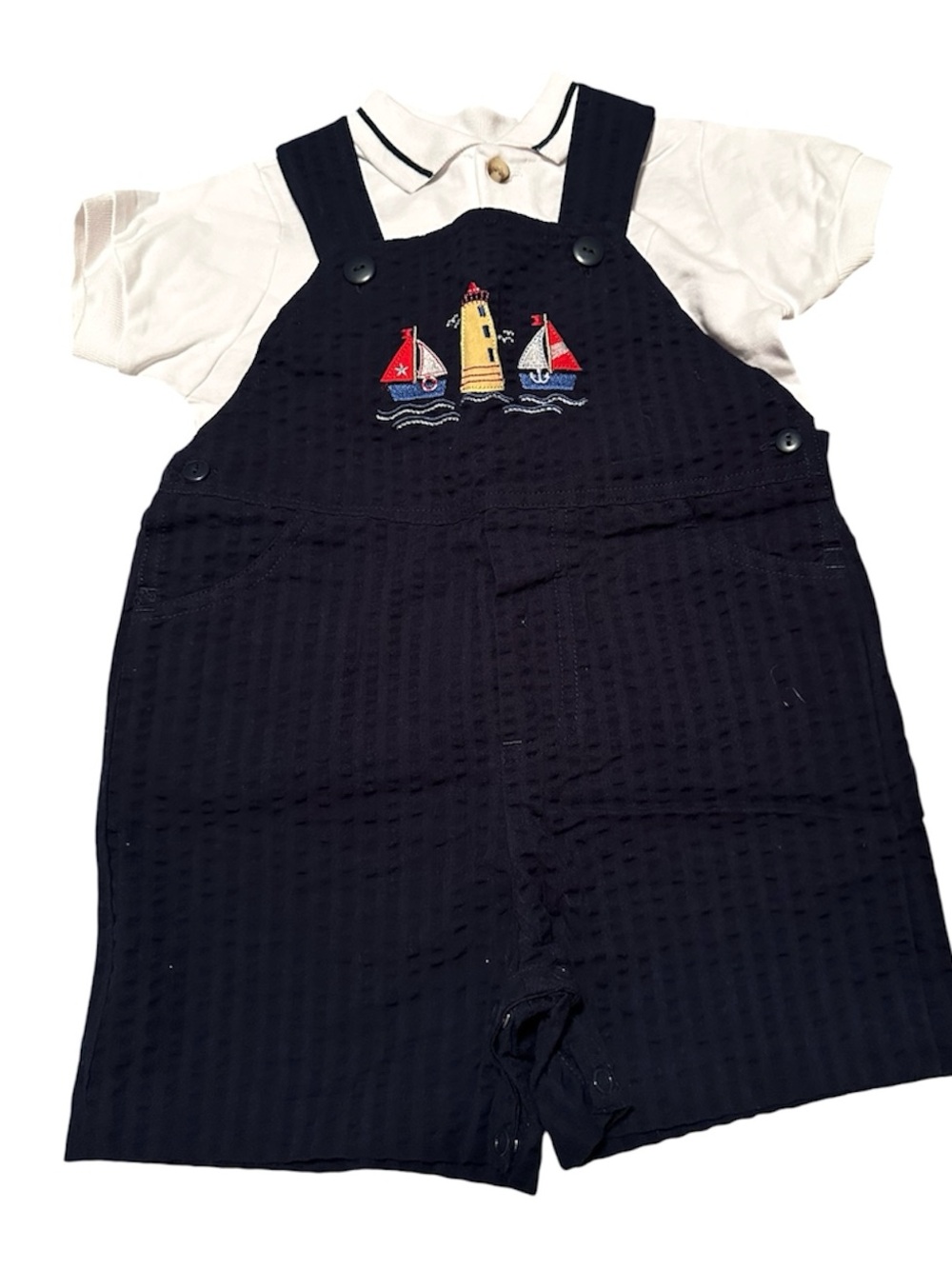 Good Lad Navy Embroidered Sailboat Shortalls with White Polo (Set)-NWOT Size 18M